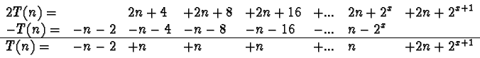 \begin{displaymath}\begin{array}{llllllll}
2T(n) = & & 2n + 4 &+ 2n + 8& + 2n + ...
...= & -n - 2& +n & +n & +n &+ ... &n & + 2n + 2^{x+1}
\end{array}\end{displaymath}
